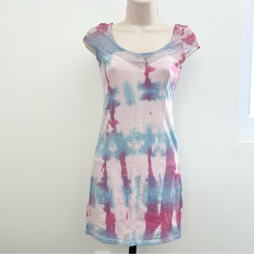 Y2K Forever21 Bodycon Dress Tie‎ Size S Pink Blue Mesh Shirt Sleeve Mini Dress
